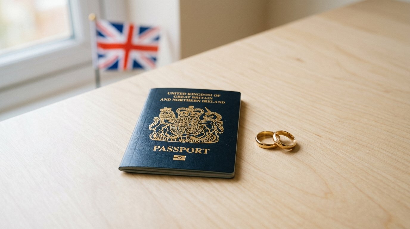 UK passport beside wedding rings, representing employment rights and work eligibility under a UK spouse visa.