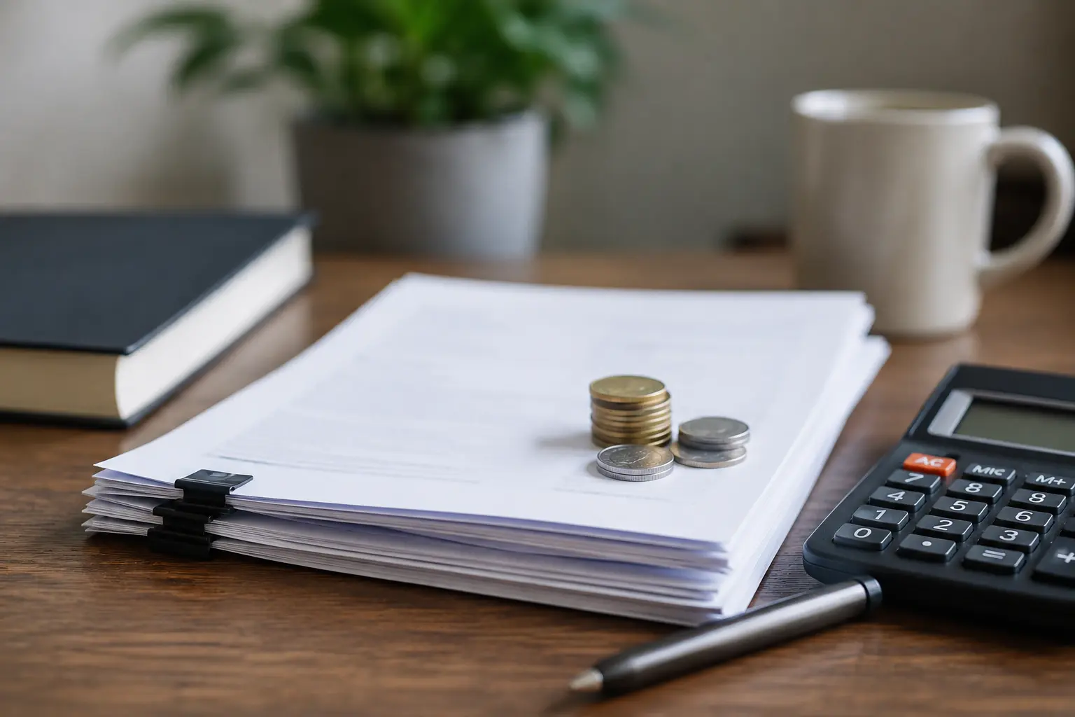 Stack of financial documents with coins, calculator and pen on a wooden office desk for UK spouse visa financial evidence.